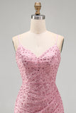 Dusty Rose Bodycon Bodycon, Renda Amontoada, Alças Finas, Vestido Curto de Regresso a Casa com Missangas
