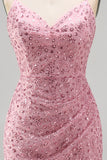 Dusty Rose Bodycon Bodycon, Renda Amontoada, Alças Finas, Vestido Curto de Regresso a Casa com Missangas
