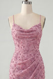 Dusty Rose Bodycon Bodycon, Renda Amontoada, Alças Finas, Vestido Curto de Regresso a Casa com Missangas