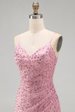 Dusty Rose Bodycon Bodycon, Renda Amontoada, Alças Finas, Vestido Curto de Regresso a Casa com Missangas