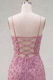 Dusty Rose Bodycon Bodycon, Renda Amontoada, Alças Finas, Vestido Curto de Regresso a Casa com Missangas