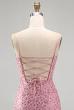Dusty Rose Bodycon Bodycon, Renda Amontoada, Alças Finas, Vestido Curto de Regresso a Casa com Missangas
