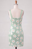 Lantejoulas Bodycon Florais Verdes Tiras Grossas Vestido Curto de Regresso a Casa