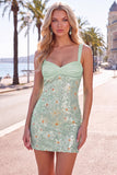 Lantejoulas Bodycon Florais Verdes Tiras Grossas Vestido Curto de Regresso a Casa