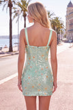 Lantejoulas Bodycon Florais Verdes Tiras Grossas Vestido Curto de Regresso a Casa
