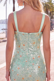 Lantejoulas Bodycon Florais Verdes Tiras Grossas Vestido Curto de Regresso a Casa