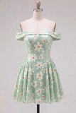 Vestido Curto de Regresso ao Fim de Casa, Linha A Verde Floral, Linha A Descoberta, Vestido Curto de Regresso Atrás