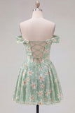 Vestido Curto de Regresso ao Fim de Casa, Linha A Verde Floral, Linha A Descoberta, Vestido Curto de Regresso Atrás