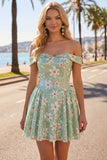 Vestido Curto de Regresso ao Fim de Casa, Linha A Verde Floral, Linha A Descoberta, Vestido Curto de Regresso Atrás