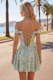 Vestido Curto de Regresso ao Fim de Casa, Linha A Verde Floral, Linha A Descoberta, Vestido Curto de Regresso Atrás