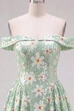 Vestido Curto de Regresso ao Fim de Casa, Linha A Verde Floral, Linha A Descoberta, Vestido Curto de Regresso Atrás