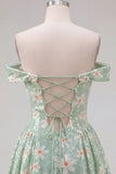 Vestido Curto de Regresso ao Fim de Casa, Linha A Verde Floral, Linha A Descoberta, Vestido Curto de Regresso Atrás