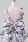 Vestido de regresso a casa floral Jacquard Bodycon Verde Bodycon com gola bata e laço grande