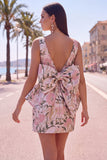 Vestido de regresso a casa floral Jacquard Bodycon Verde Bodycon com gola bata e laço grande