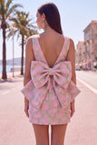 Vestido de regresso a casa floral Jacquard Bodycon Verde Bodycon com gola bata e laço grande