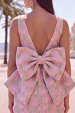 Vestido de regresso a casa floral Jacquard Bodycon Verde Bodycon com gola bata e laço grande