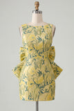 Vestido de regresso a casa floral Jacquard Bodycon Verde Bodycon com gola bata e laço grande