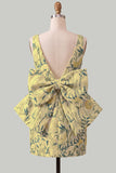Vestido de regresso a casa floral Jacquard Bodycon Verde Bodycon com gola bata e laço grande