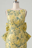 Vestido de regresso a casa floral Jacquard Bodycon Verde Bodycon com gola bata e laço grande