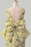 Vestido de regresso a casa floral Jacquard Bodycon Verde Bodycon com gola bata e laço grande