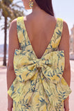 Vestido de regresso a casa floral Jacquard Bodycon Verde Bodycon com gola bata e laço grande