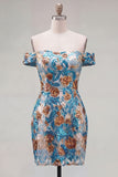 Vestido curto de boas-vindas com flores azuis brilhantes com lantejoulas bodycon