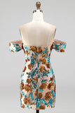 Vestido curto de boas-vindas com flores azuis brilhantes com lantejoulas bodycon