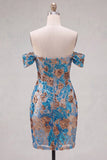 Vestido curto de boas-vindas com flores azuis brilhantes com lantejoulas bodycon