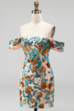 Vestido curto de boas-vindas com flores azuis brilhantes com lantejoulas bodycon
