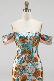 Vestido curto de boas-vindas com flores azuis brilhantes com lantejoulas bodycon