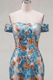 Vestido curto de boas-vindas com flores azuis brilhantes com lantejoulas bodycon