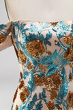 Vestido curto de boas-vindas com flores azuis brilhantes com lantejoulas bodycon