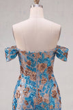 Vestido curto de boas-vindas com flores azuis brilhantes com lantejoulas bodycon
