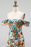 Vestido curto de boas-vindas com flores azuis brilhantes com lantejoulas bodycon