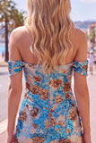 Vestido curto de boas-vindas com flores azuis brilhantes com lantejoulas bodycon
