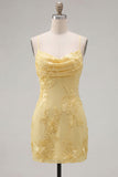 Vestido de Finalista Amarelo Bodycon Franzido de Alças Finas Bordado Floral