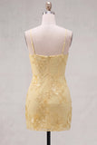 Vestido de Finalista Amarelo Bodycon Franzido de Alças Finas Bordado Floral