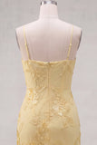 Vestido de Finalista Amarelo Bodycon Franzido de Alças Finas Bordado Floral
