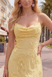 Vestido de Finalista Amarelo Bodycon Franzido de Alças Finas Bordado Floral