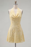 Vestido Curto de Regresso a Casa Amarelo Amarelo A-Line com Bordados Florais
