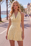 Vestido Curto de Regresso a Casa Amarelo Amarelo A-Line com Bordados Florais