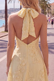 Vestido Curto de Regresso a Casa Amarelo Amarelo A-Line com Bordados Florais