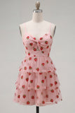 Vestido de finalistas rosa A-Line com olhos de fechadura, alças finas com folhos e franzidas, vestido de finalistas