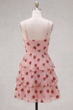 Vestido de finalistas rosa A-Line com olhos de fechadura, alças finas com folhos e franzidas, vestido de finalistas