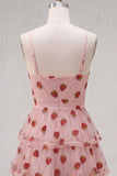 Vestido de finalistas rosa A-Line com olhos de fechadura, alças finas com folhos e franzidas, vestido de finalistas