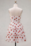 Vestido de finalistas rosa A-Line com olhos de fechadura, alças finas com folhos e franzidas, vestido de finalistas