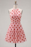 Vestido Curto de Finalista A-Line com decote cor-de-rosa e folhos estampado com folhos