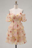 Vestido de Finalistas de Finalistas com Champanhe, Ombro Frio, Linha em A, com Folhos e Flores 3D