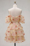 Vestido de Finalistas de Finalistas com Champanhe, Ombro Frio, Linha em A, com Folhos e Flores 3D