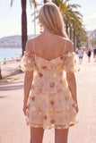 Vestido de Finalistas de Finalistas com Champanhe, Ombro Frio, Linha em A, com Folhos e Flores 3D